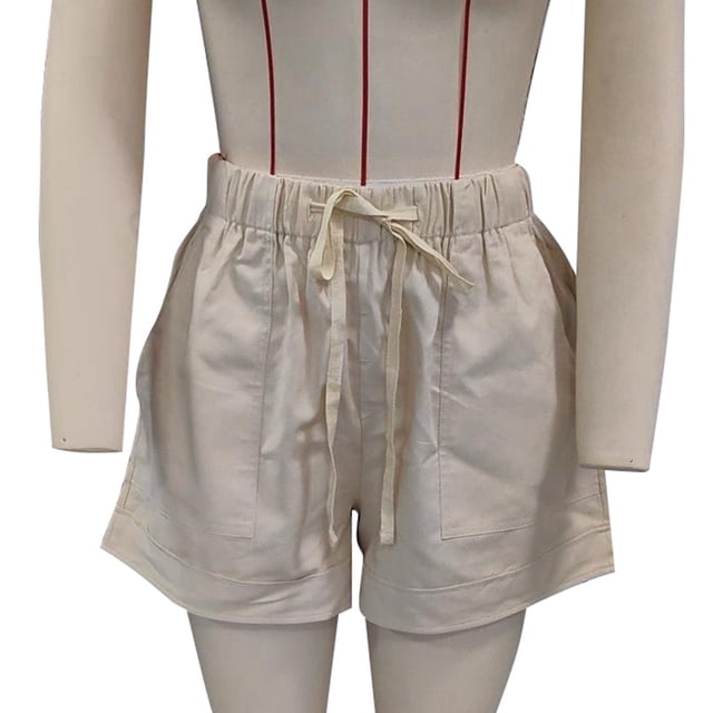 Pantalones cortos de verano para mujer, pantalones cortos elásticos de cintura media con cierre de cordón, pantalones cortos casuales con bolsillos laterales, color caqui XL