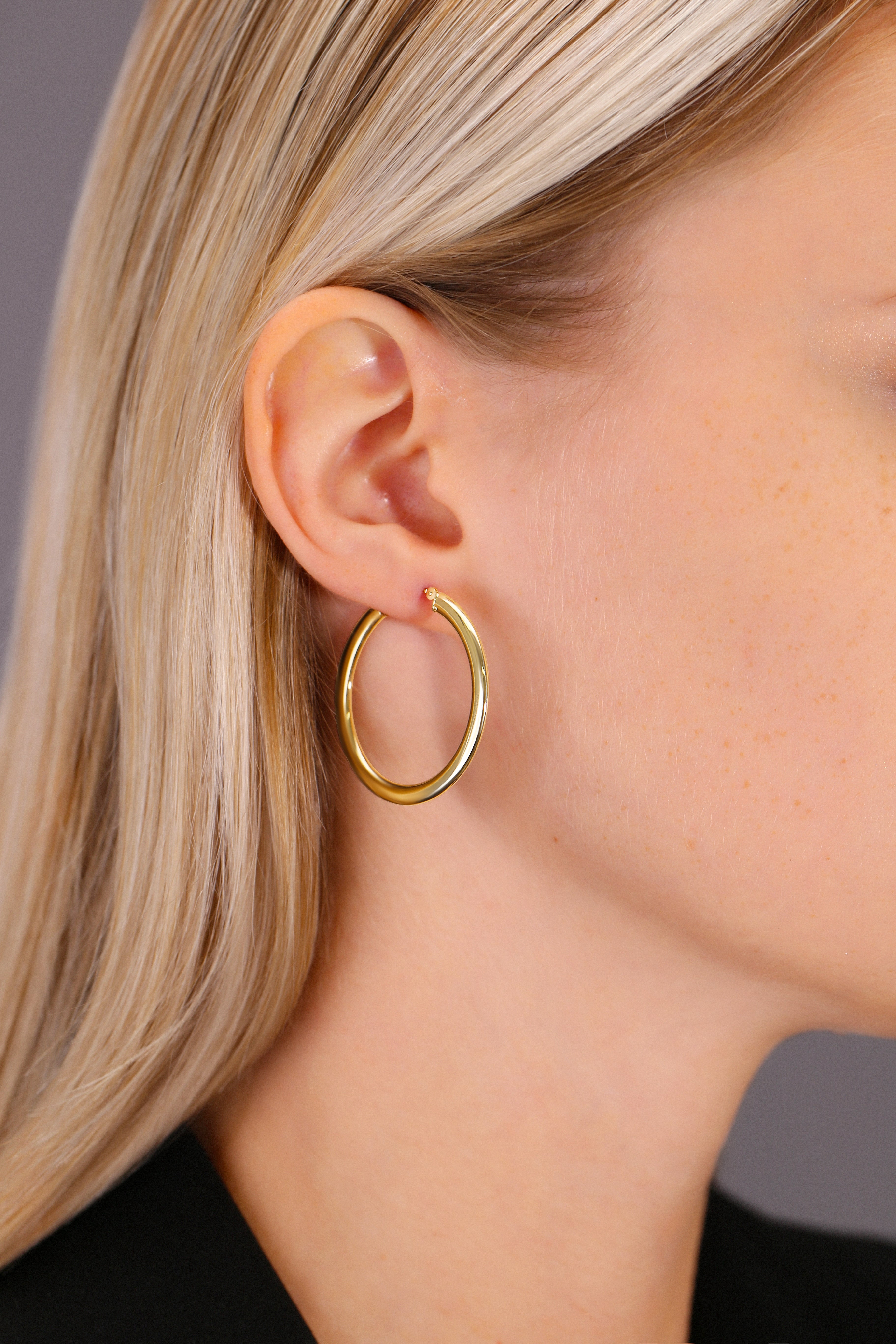 Tilo Jewelry 14K Gold Flat Hoop Polished Hoop Earrings | 35mm - 1.4 Inches | Everyday Earrings for Women