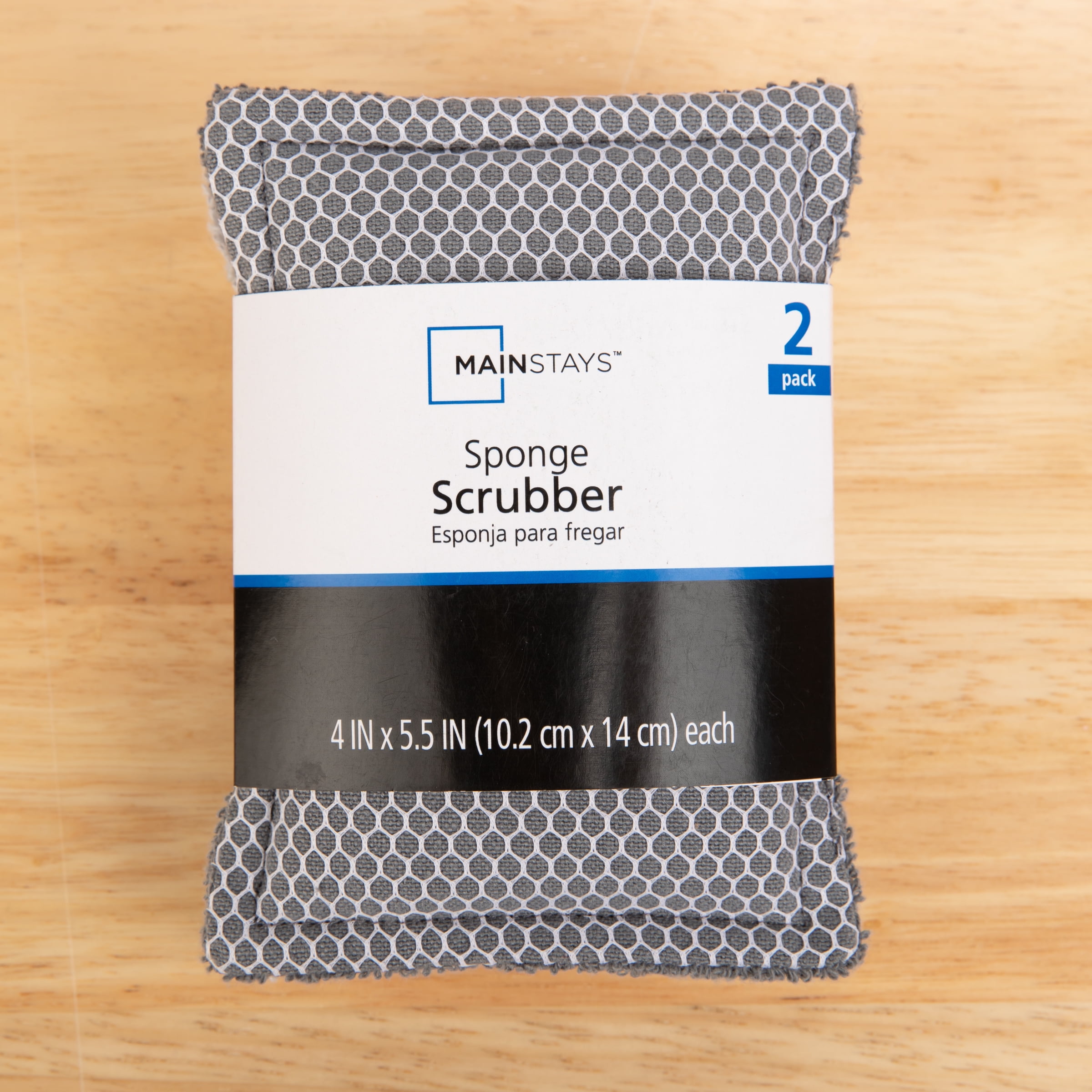 Mainstays Sponge Scrubbers, 4.5 x 5 inches, 100% Cotton Shell, 2 Count per Pack, Gray