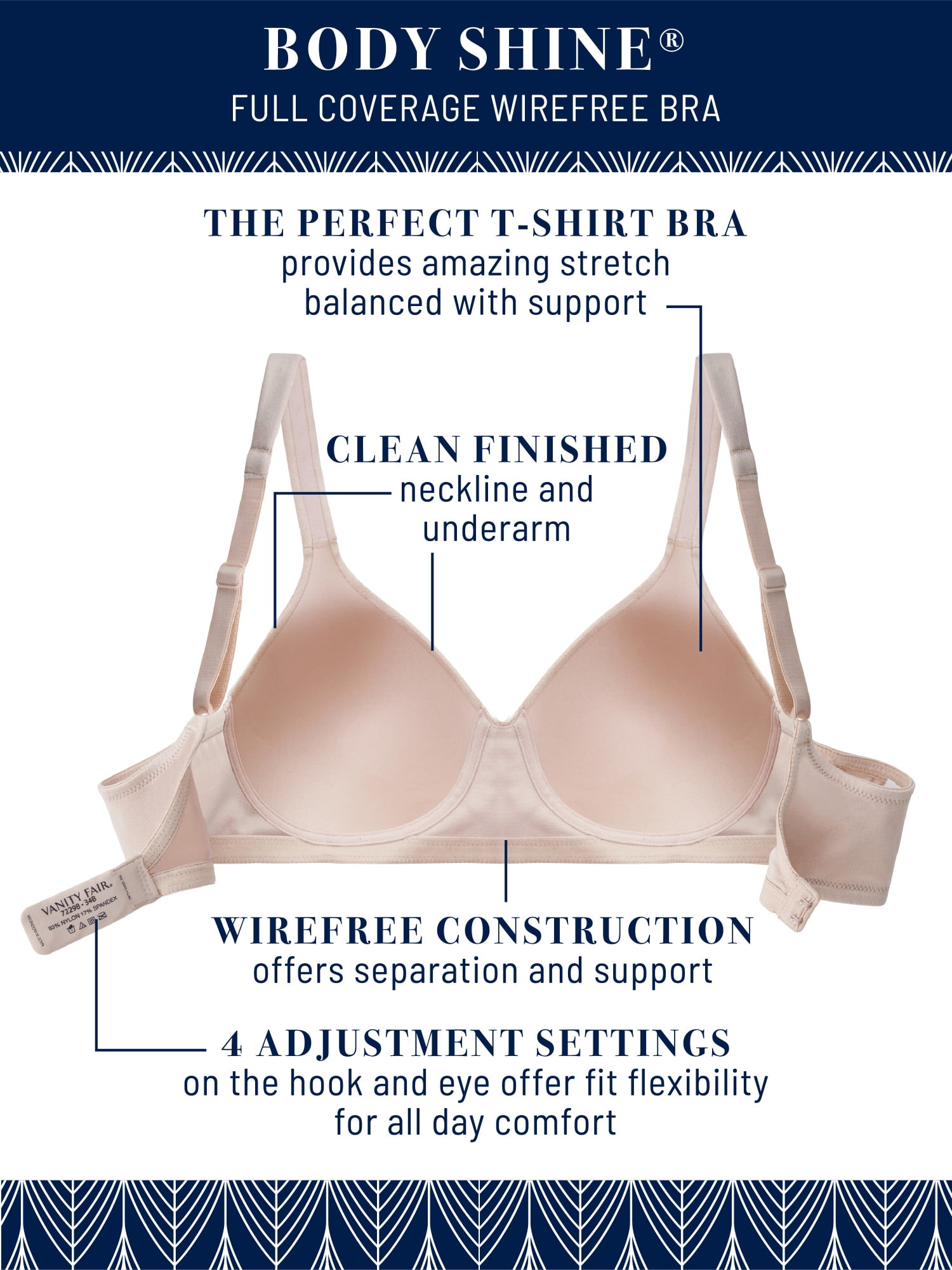 Vanity Fair Lingerie Women's Body Shine Full Coverage Wireless Bra, Style 72298