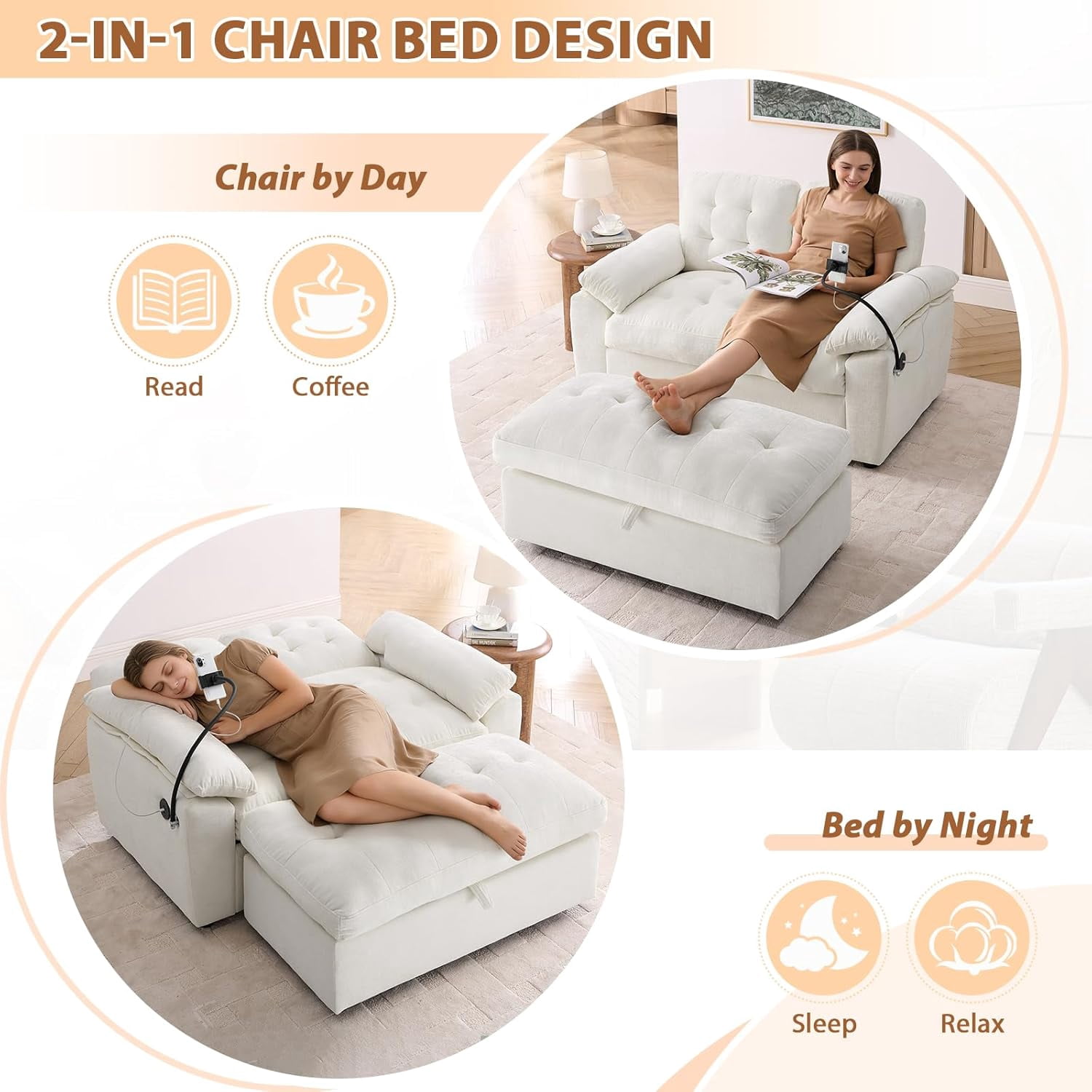 MOONMISS Oversized Chaise Lounge Chair Indoor with Ottoman&Adjustable Backrest,Chenille Tufted Recliner Sofa Chair with USB&Phone Holder,Convertible Sleeper Couch Bed for Living Room,Beige