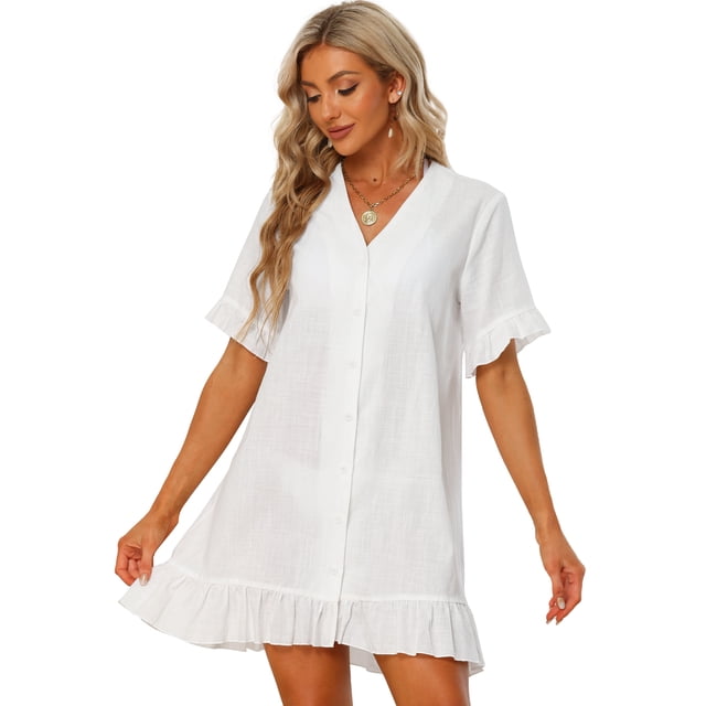 Traje de baño para mujer Allegra K bikini de playa algodón botón frontal con volantes dobladillo camisa vestido cubierta blanco S