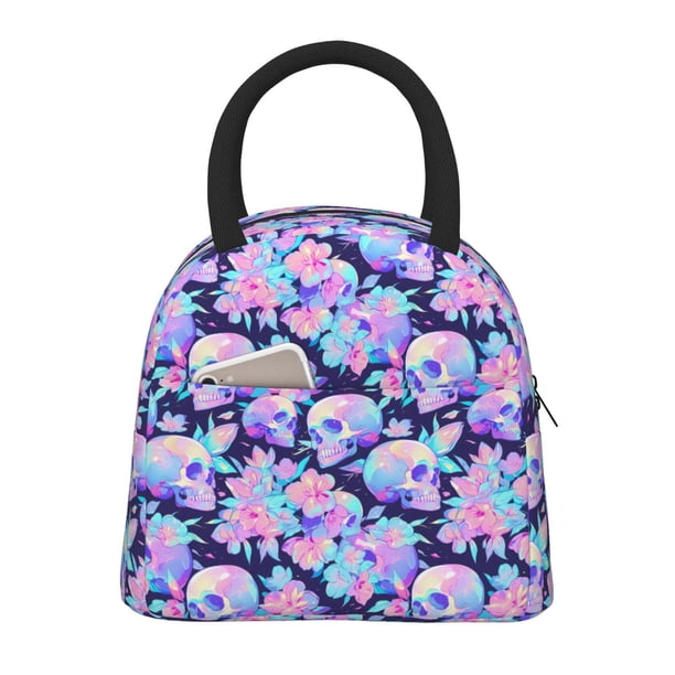 Balery pinkk flower crystal Skull Bolsa de Almuerzo para Mujeres, Caja de Almuerzo, Bolsa de Almuerzo Pequeña Impermeable, Tote de Almuerzo Reutilizable con Gran Capacidad