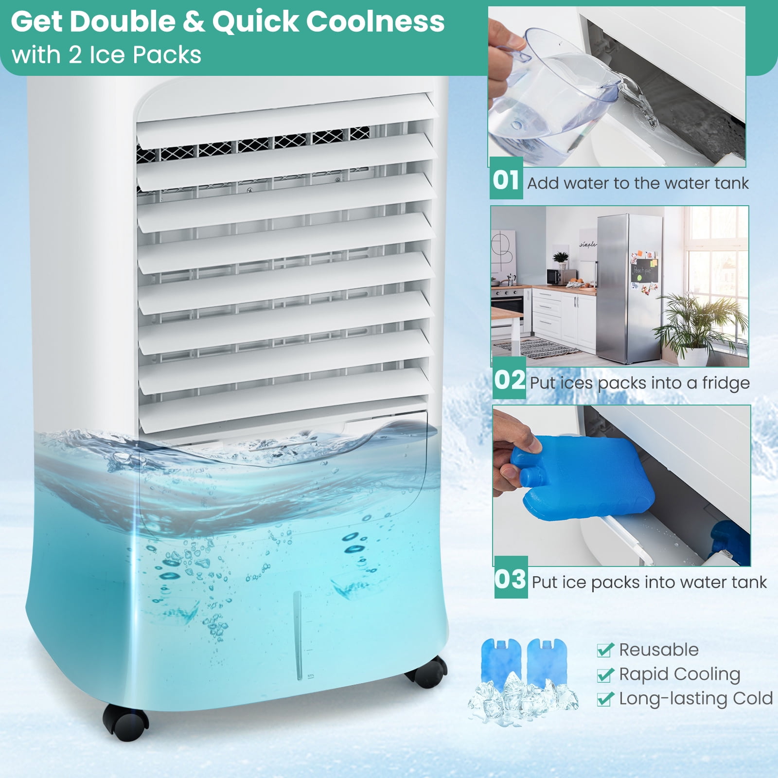 Giantex 3-in-1 Evaporative Air Cooler, Portable Oscillating Swamp Cooler w/ 3 Modes & 2 Ice Packs, Air Cooler for Room Home Office