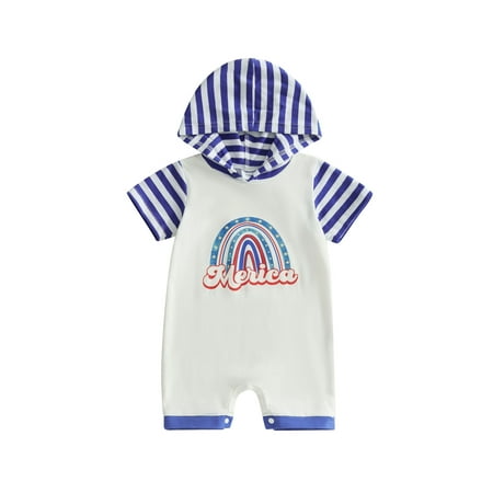

ELF Baby Boys Summer Hooded Jumpsuit Short Sleeve Letter Rainbow Stripe Print Patchwork Romper