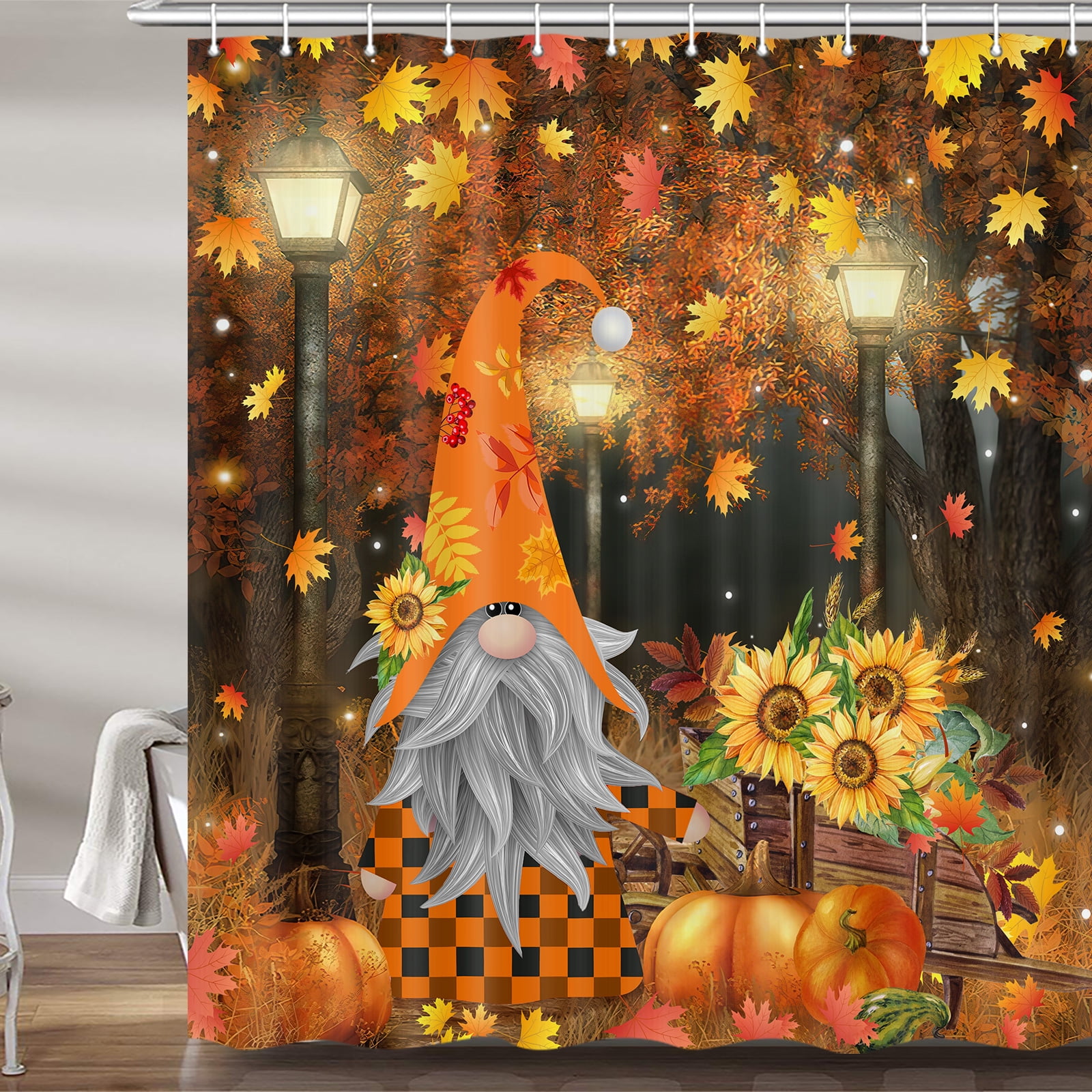 Fall Pumpkin Gnome Shower Curtain, Autumn Forest Maple Leaf