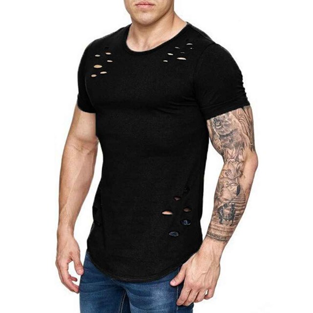 Camisetas de cuello redondo sueltas de color sólido rasgadas para hombre Camiseta de manga corta curvada ahuecada informal para hombre tholdsy FS7578-14