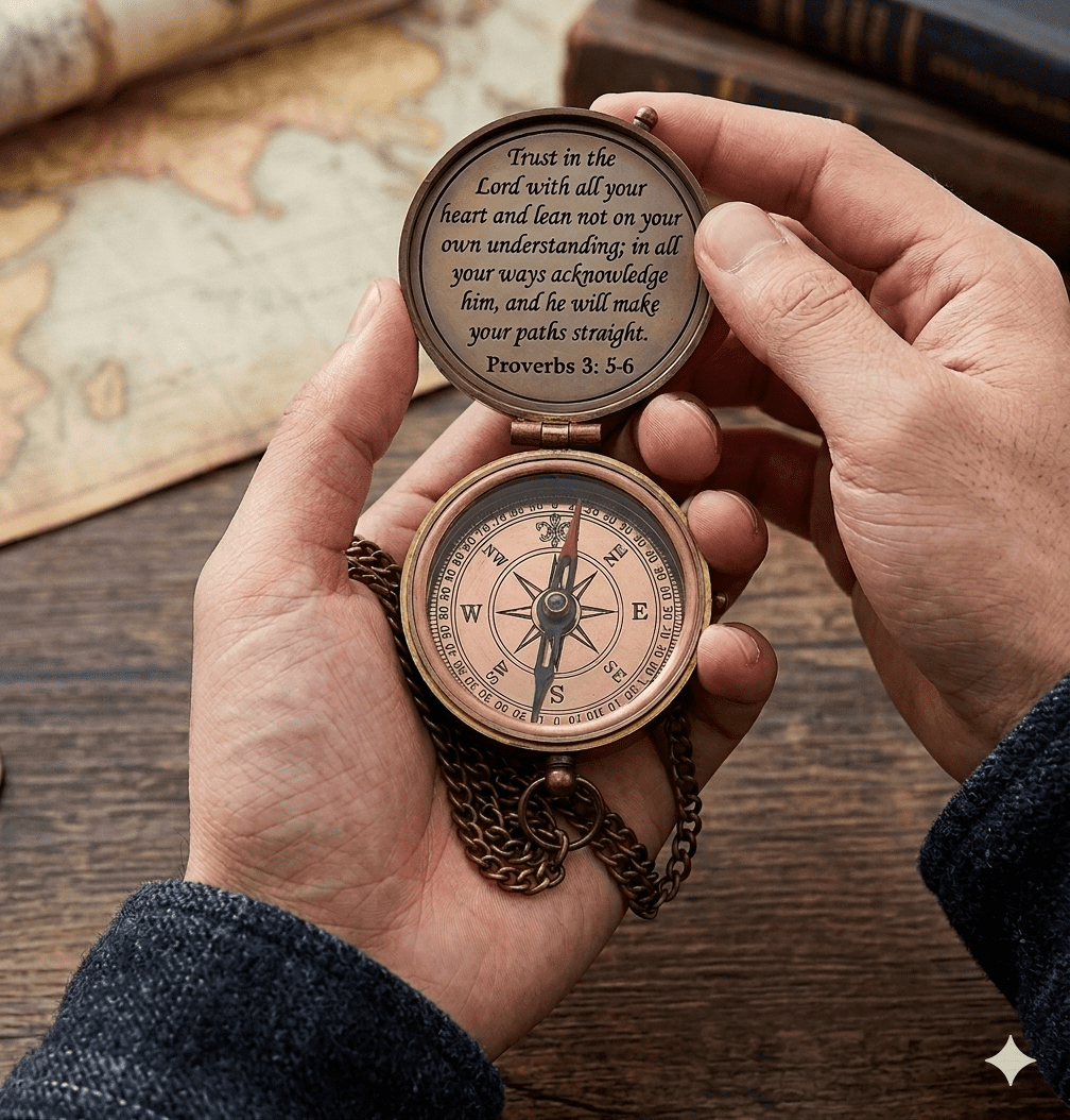 Engraved Brass Pocket Compass with Leather Case - Proverbs 3:5-6 Scripture Religious Gift - Working Nautical Compass for Men, Boys, Baptism, Confirmation, Graduation - Christian Keepsake