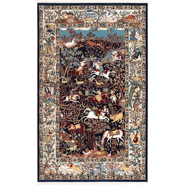 Unique Loom Narenj Hunting Scene Textured Rug 5' x 8' Rectangle Navy Blue/Tan