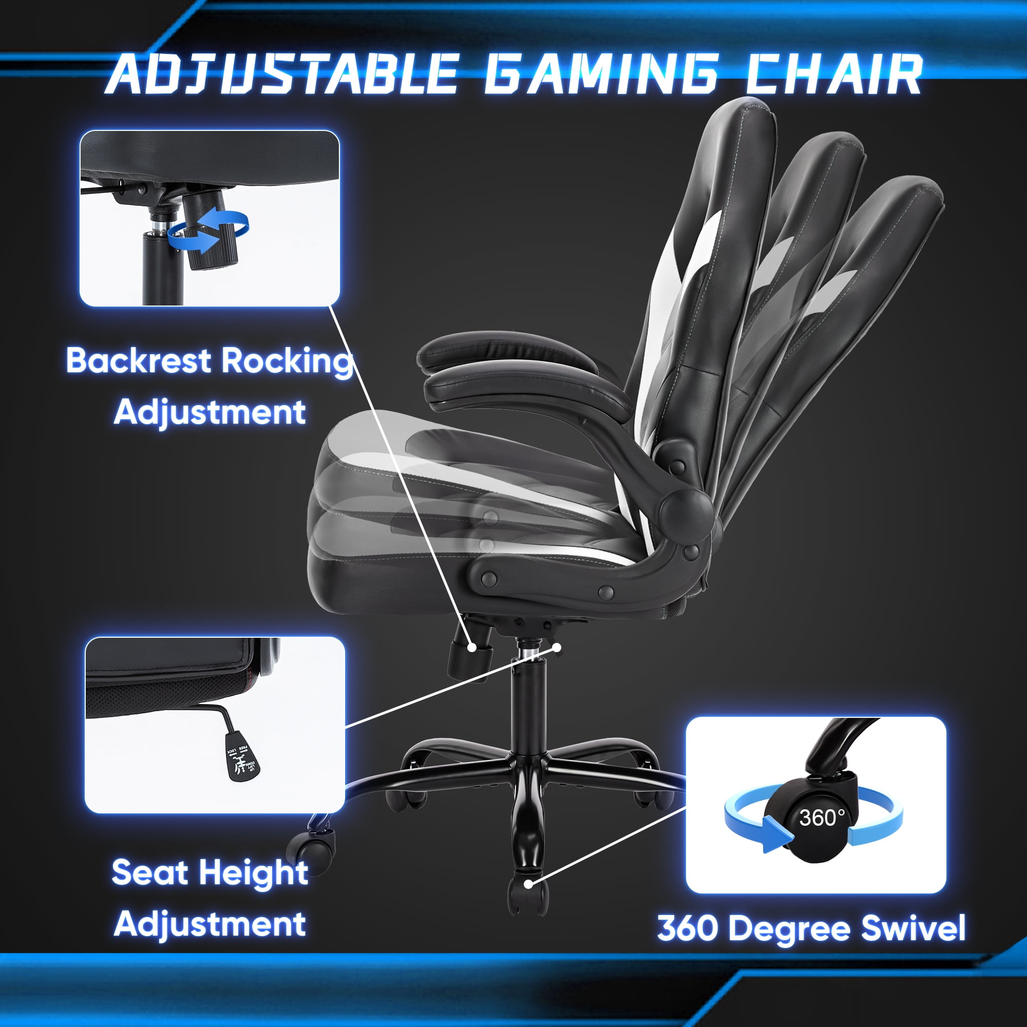 GIANNA Computer Gaming Desk Chair - Ergonomic Office Executive Adjustable Swivel Task PU Leather Racing Chair with Flip-up Armrest, Black White