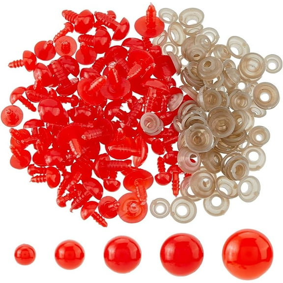 100Pcs 5 Sizes Safety Eyes 6mm~13.5mm Crochet Red Eyes Round Craft Crochet Eye with Washers Plastic Stuffed Animal Eye for DIY Puppet Bear Plush Animal Amigurumi