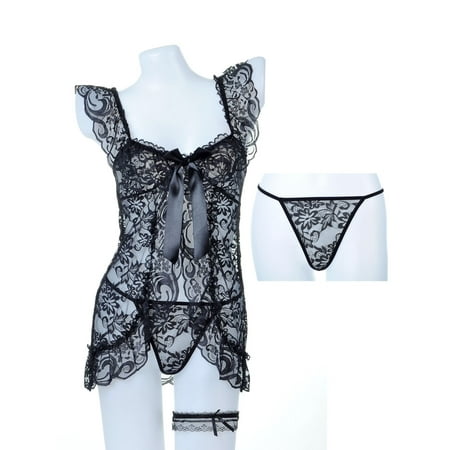 Black Negligee - Anna-Kaci S/M Fit Black All Over Floral Lace Negligee w Matching G-String Garter