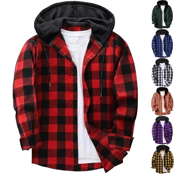 Men's Hooded Plaid Shacket Flannel Button Down Shirt Jacket Casual Buffalo Checkered Long Sleeve Hoodie for Fall Winter Outdoor Wear Husband Gift, Red, XL
