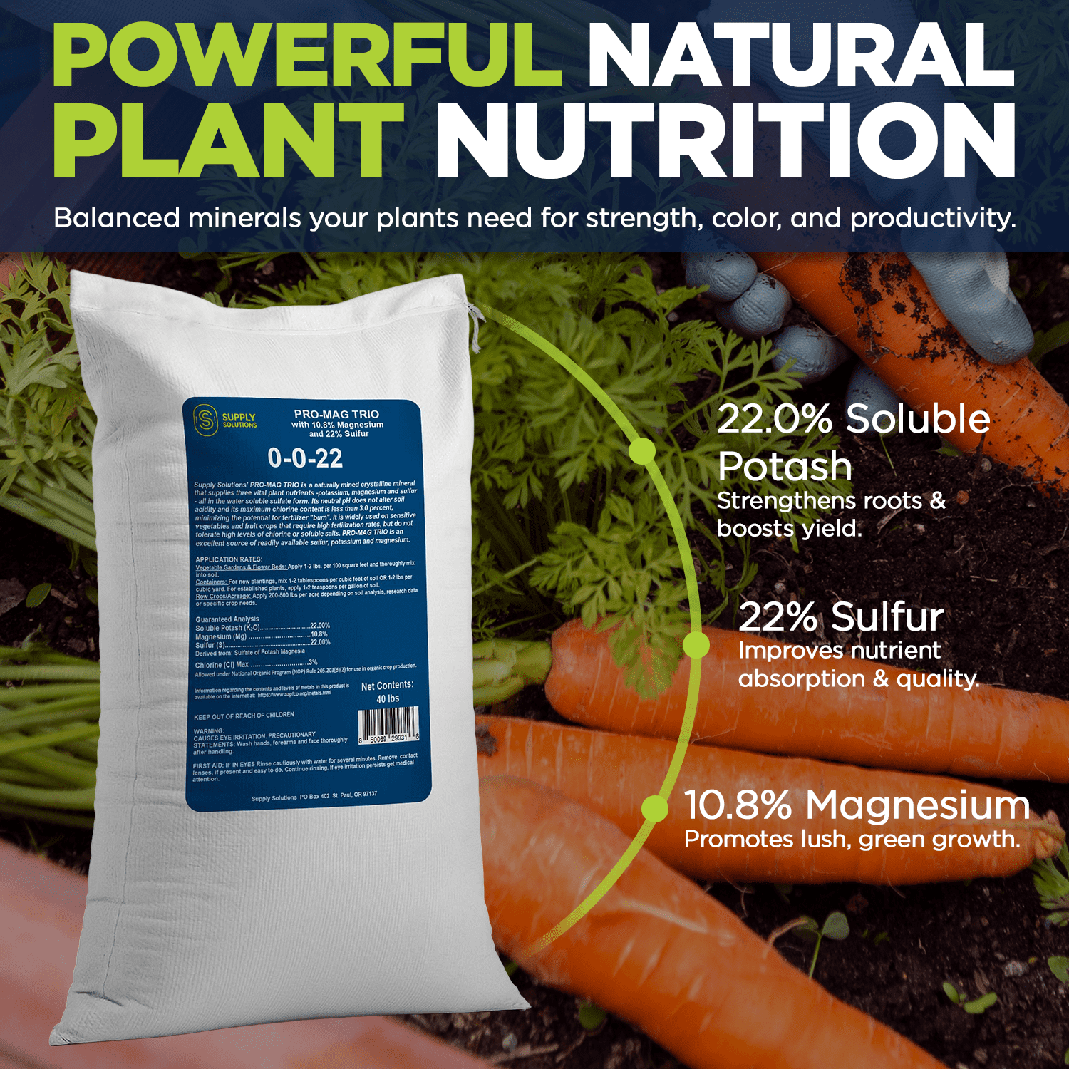 Supply Solutions | 0-0-22 Pro-Mag Trio - High Potassium, Magnesium & Sulfur Fertilizer for Lawns, Turf, Palm & Fruit Trees - Water-Soluble Plant Food for Stronger Growth & Higher Yields - 40lbs