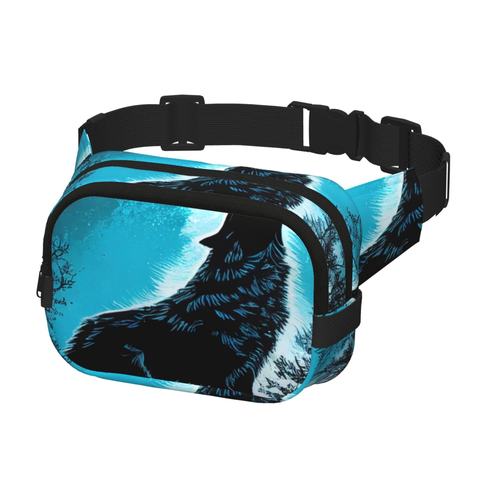 Picia Blue Full Moon Wolf Print Square Double-Layer Waist Bag Mini Adjustable Waist Belt Bag Exercise Running Travel Hiking