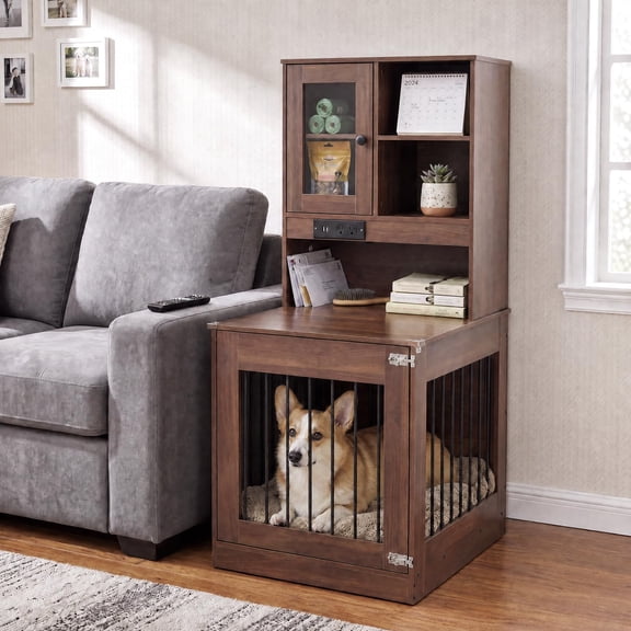 Furniture-Style Wooden Dog Crate for Small Dogs Up to 25 lbs, Indoor Kennel with Bedside Table Tabletop, Escape-Resistant Metal Frame, Walnut