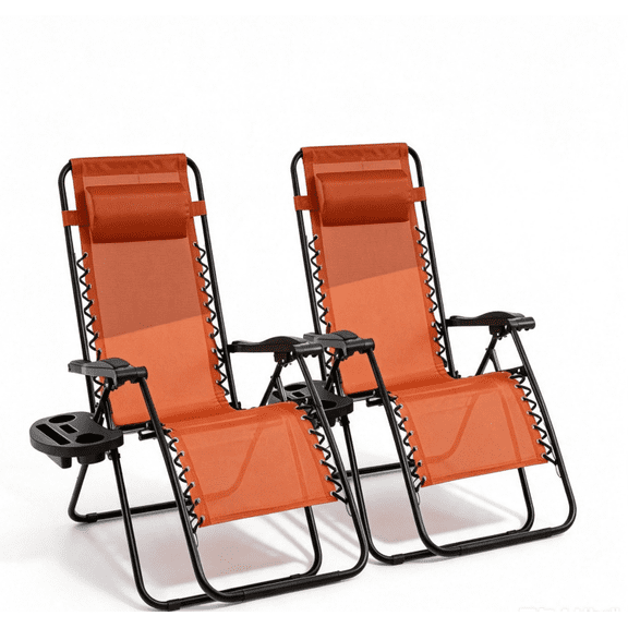 Set of 2 Adjustable Anti-Gravity Lounge Chair, Outdoor Folding Reclining Patio Chair with Pillow and Cup Holder