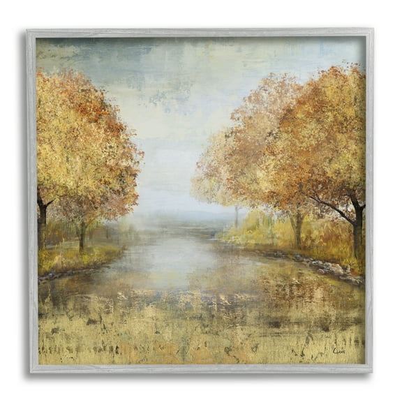Golden Autumn Tree Forest Landscape Contemporary Scene Landscape Framed Art Print Wall Art, 17x17