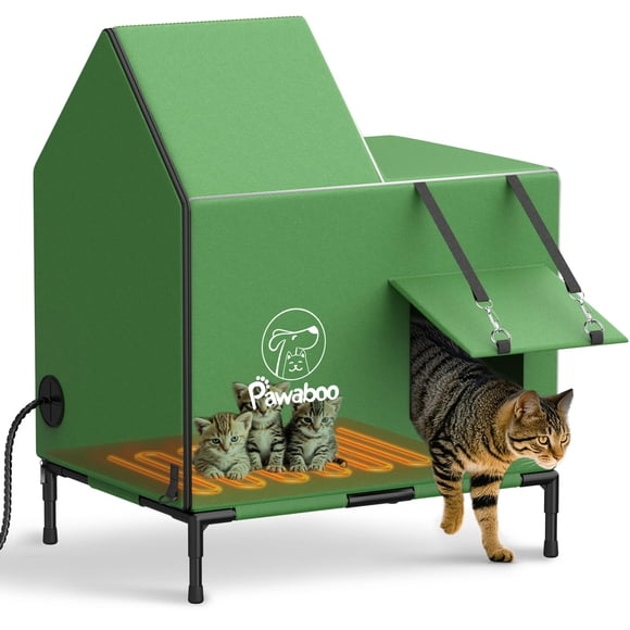 Pawaboo Maison Chauffante pour Chat pour l'Extérieur en Hiver, Abri pour Chats Résistant aux Intempéries pour l'Extérieur avec Auvent Imperméable et Base Surélevée, Chats d'Extérieur Isolés