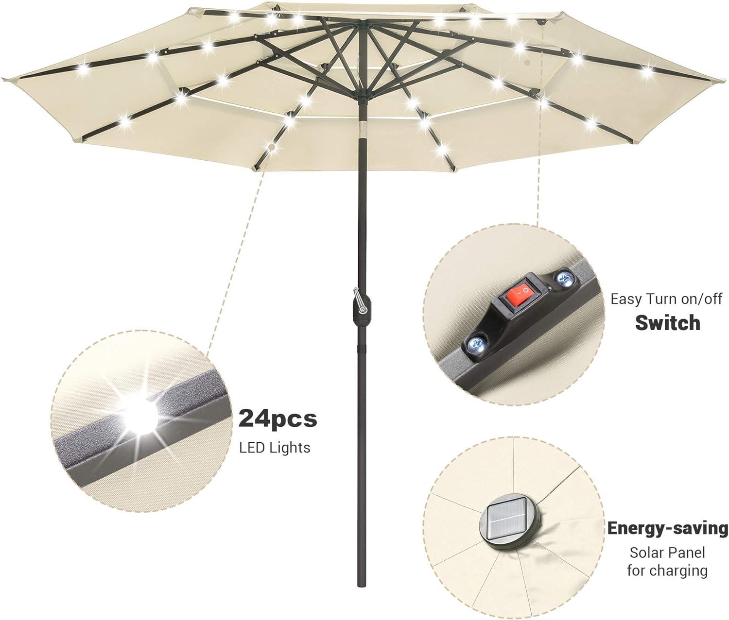 9ft Prelit Umbrella 3-Tiered Patio Umbrella with Lights, Beige