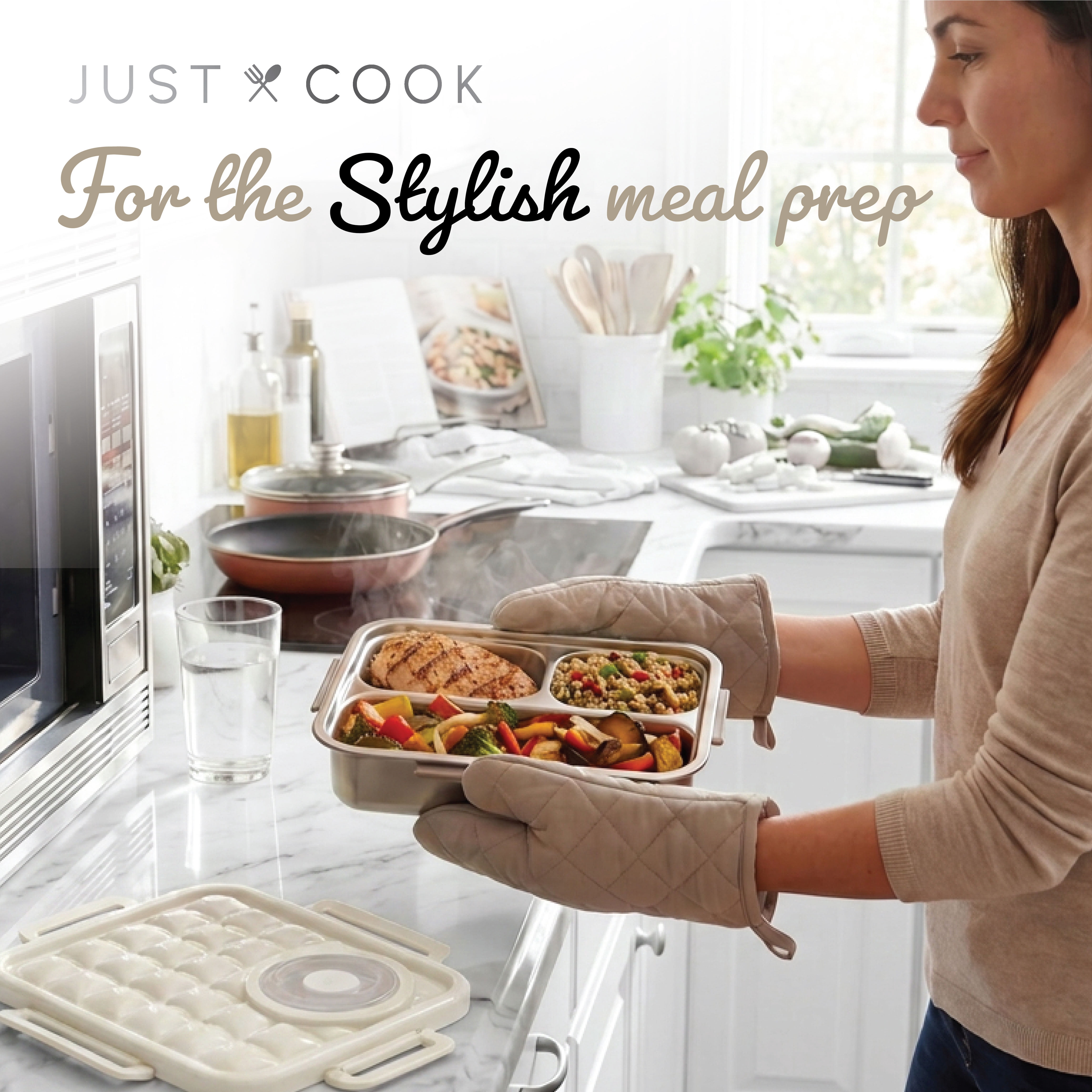 Just Cook Microwave Safe Stainless Steel Bento Box with Sauce Jar 1050 ml (Coconut Milk)