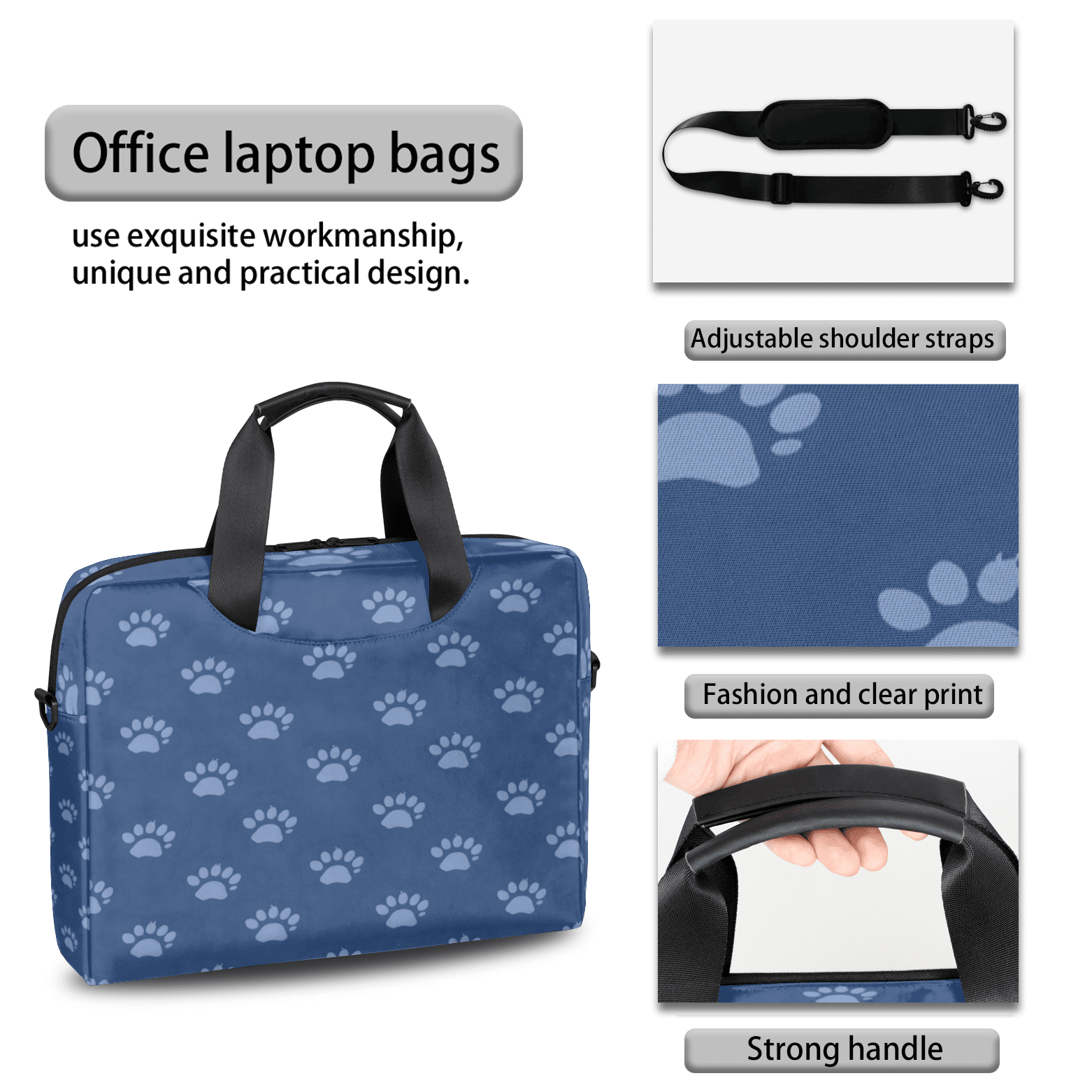 Herdesigns Blue Dog Paw Print Laptop Bag for Women Men, Computer Case Briefcase Messenger Bags, 15-15.6 inch Laptop Sleeve Shoulder Bag