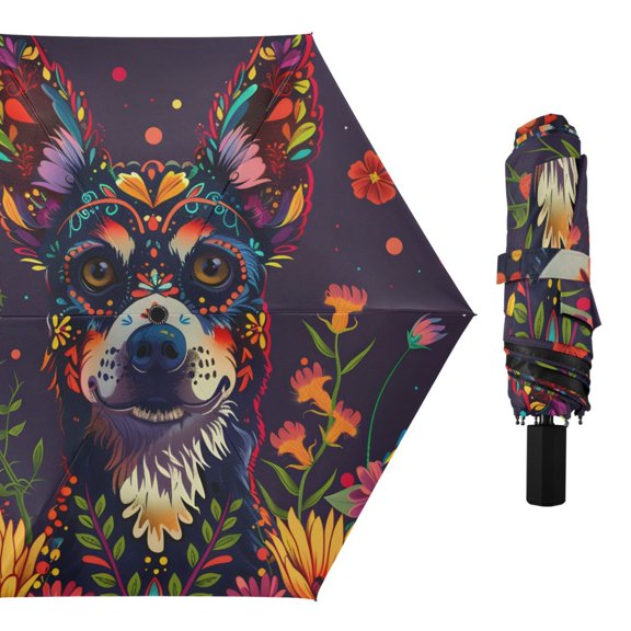 Beautiful Dog and Flowers Compact Sun Umbrella Windproof Travel Umbrellas for Rain Strong Portable UV Protection
