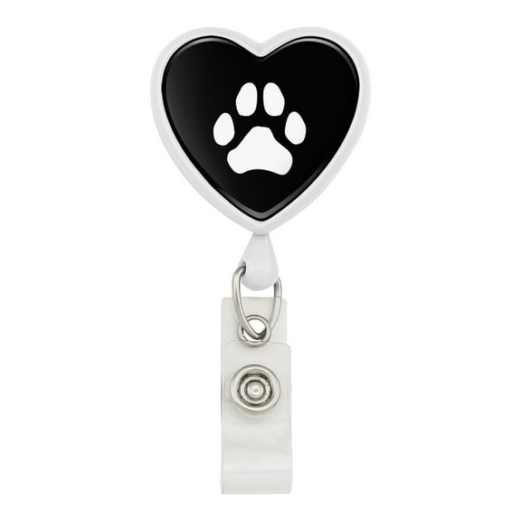 Paw Print Dog Cat White on Black Heart Lanyard Retractable Reel Badge ID Card Holder - White