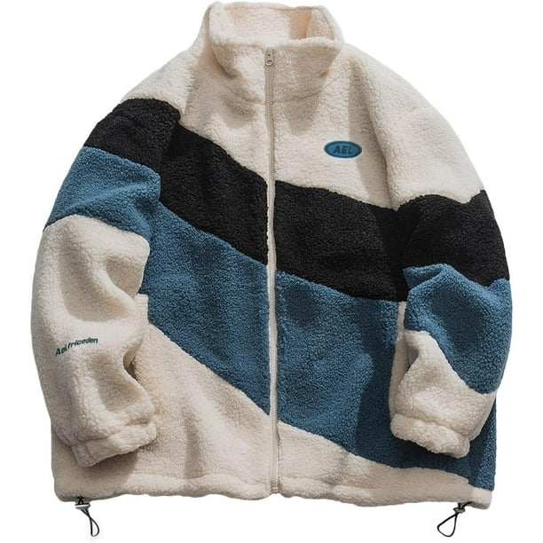 Aelfric Eden Suéter de gran tamaño con retazos de color para hombre Chaquetas Sherpa Chaquetas peludas de piel de oveja sintética con cremallera completa Abrigos cálidos y difusos