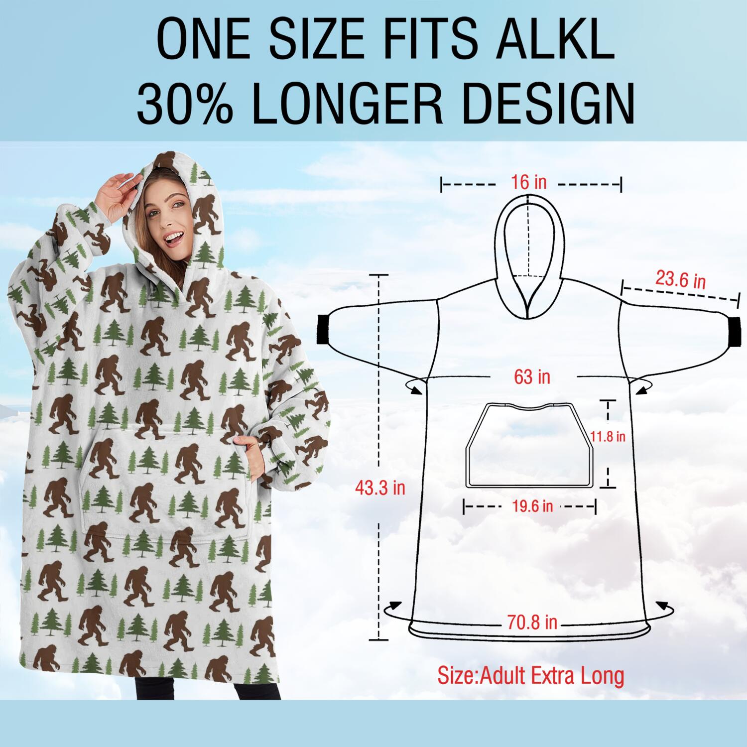 Oversized Wearable Blanket Hoodie,Brown Bigfoot and Tree Pattern Sherpa Blanket Hoodie with Super Pockets,Super Warm Fuzzy Pullover for Women & Men