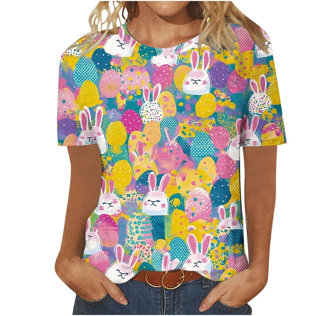Blusas para las Mujeres Casual Impreso Cuello Redondo Manga Corta Camiseta Top, Tops Cortos para las Mujeres Primavera Verano