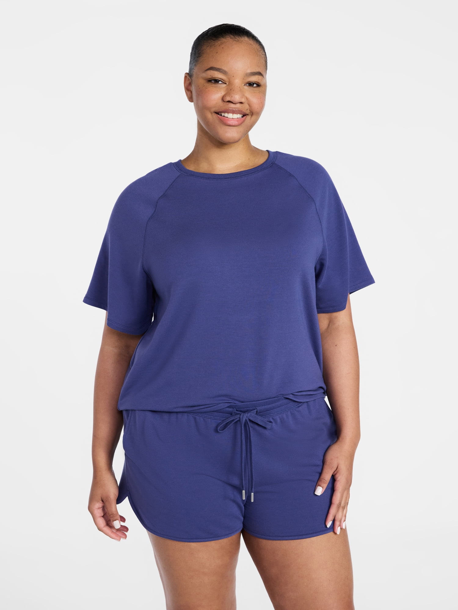 Joyspun Women's French Terry Lounge Sleep Short Sleeve Top and Shorts Set, 2-Piece, Sizes XS-3X