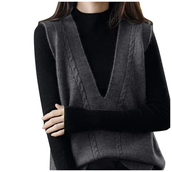 RMGVDSD Womens V Neck Sweater Vest Solid Color Plaid High School Sleeveless Knitted Vest Tops Tunic Sweaters Fashion Clothes /Dark Gray