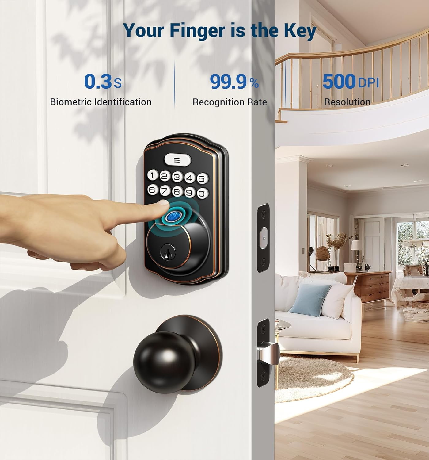 Veise Fingerprint Door Lock with 2 Knobs, Keyless Entry Door Lock with Knob, Electronic Keypad Deadbolt, Waterproof, Easy Installation, Bronze