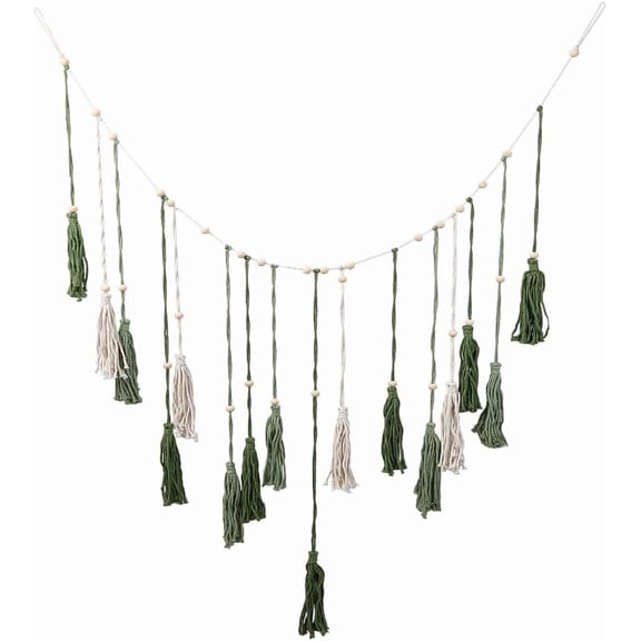 Green Tassel Wall Hanging Boho Macrame Wall Decor 55.7 x 29.5in Cotton Rope Woven Handmade Wood Beads Wall Art Tapestry Ornament for Home Living Room Bedroom Background Decoration