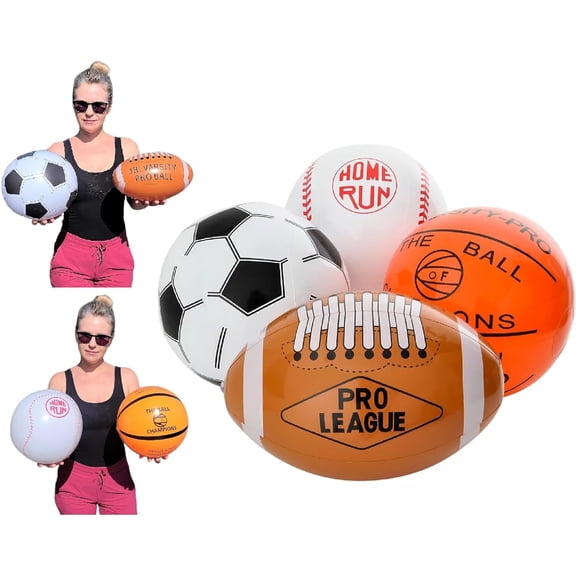 16" Sports Beach Ball Inflate Assortment (Football, Soccer Ball, Baseball and Basketball) Party Favor Beach Ball Inflatable Toy