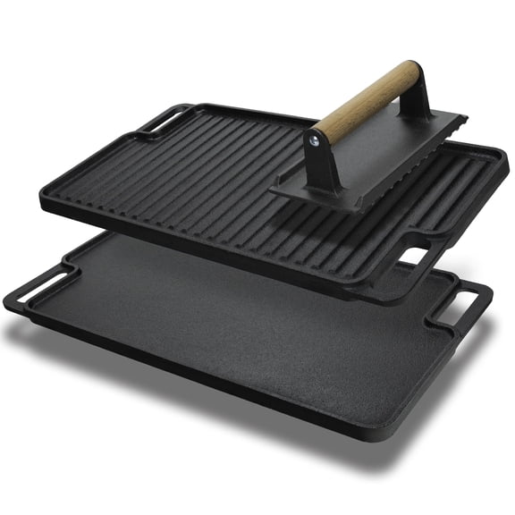 Cast Iron Griddle/Grill Reversible Combo Set   Protective Mitts, Grill Press & Scraper- Pre-seasoned Indoor & Outdoor gas Stove Griddle- Stovetop, Camping or Home Cooking Non-Stick Griddle Pan