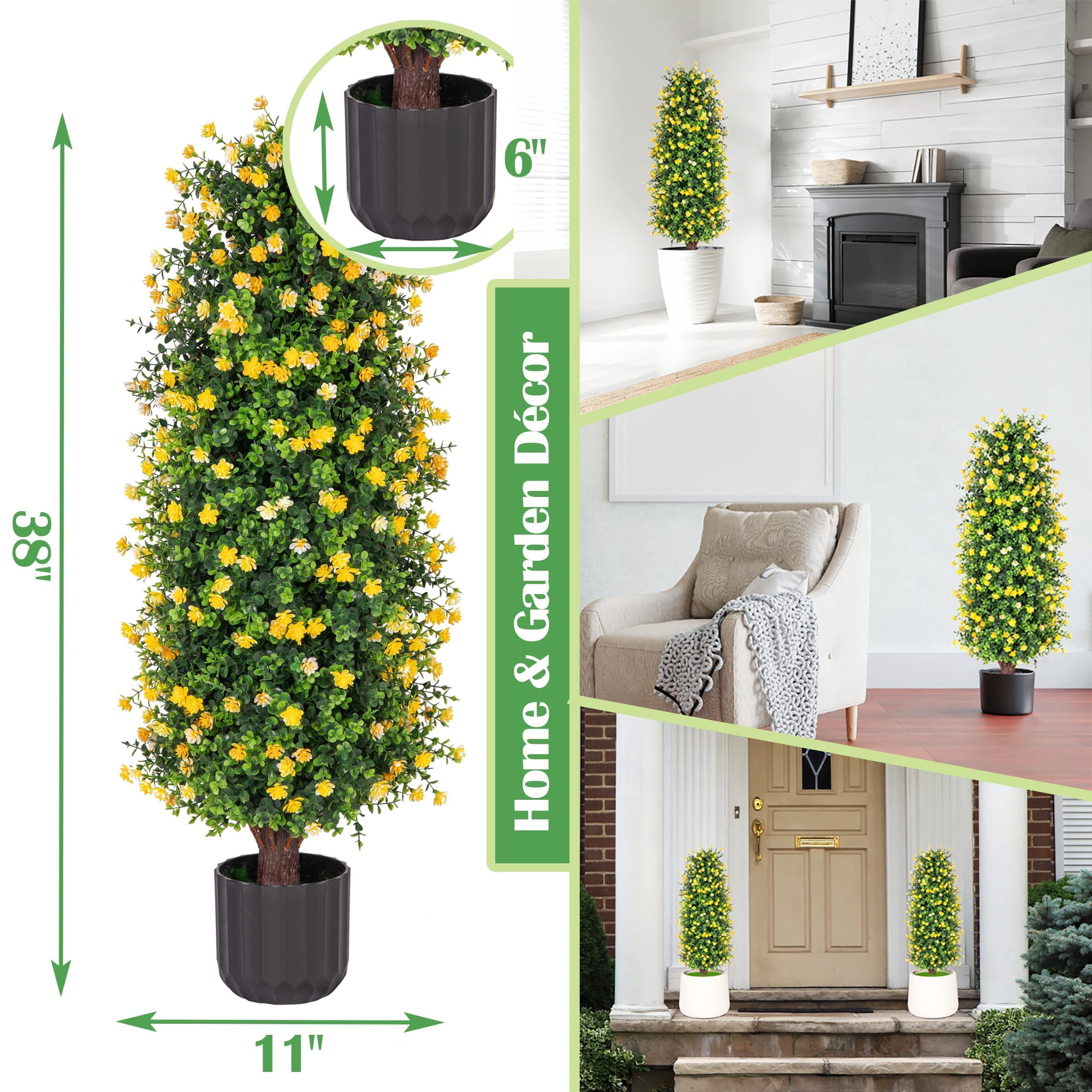 Bibana Artificial Rose Tree 3FT- Fake Floral Plant Tree in Pot- Decorative Topiary Plant - Cement Filled Potted Faux Flower Plant for Home Office Porch Decor Indoor Outdoor(set of 2)