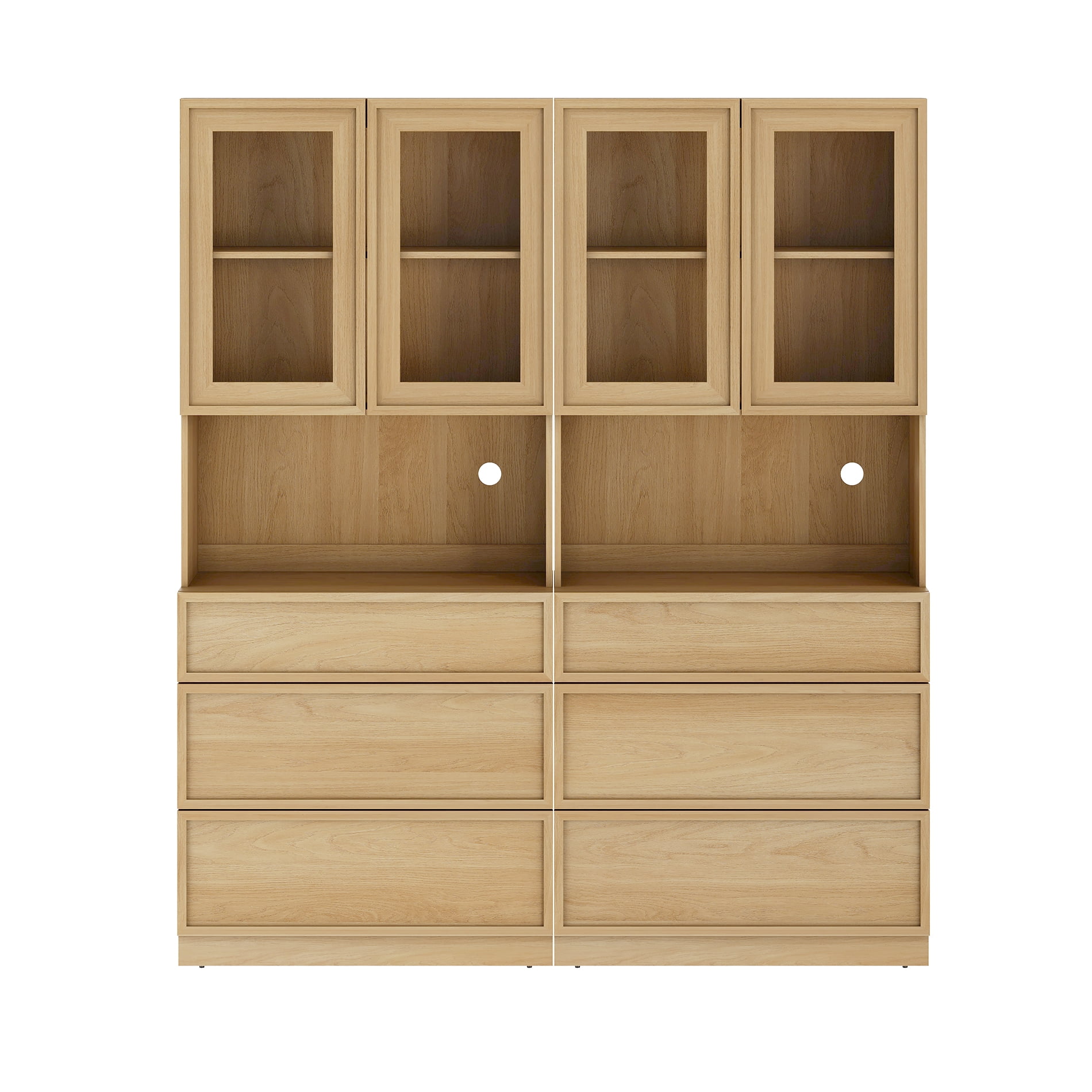 Modern 72" Tall Bookshelf with 6 Drawers and Book Shelves, Library Bookcase with Storage Cabinet and Glass Display Shelves,Oak