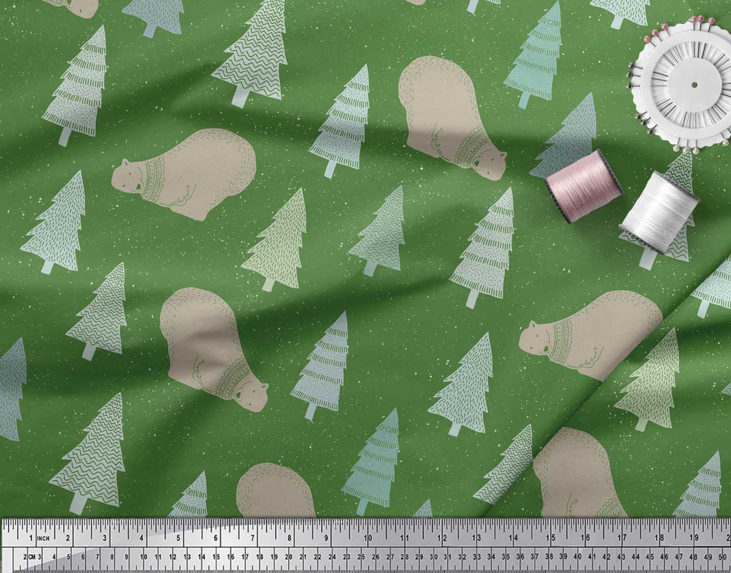 Soimoi Green Poly Georgette Fabric Bear & Tree Christmas Print Sewing Fabric Yard 42 Inch Wide
