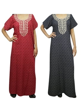Mogul Women's Red Blue Nightgown Maxi Dress Printed Cotton Nighty Boho Long Caftan M
