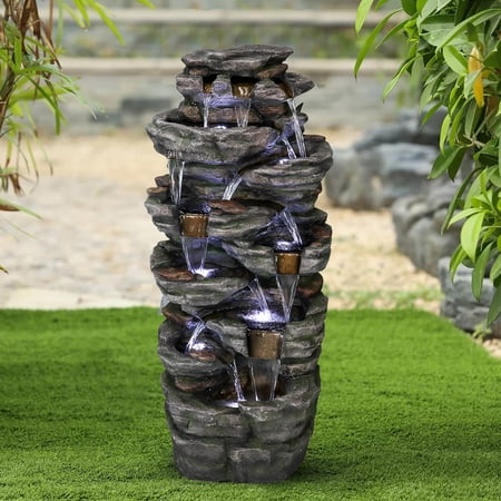 Willwolfer 47.2   H Water Fountain Outdoor Modern Large Floor-Standing Fountain Indoor with LED Lights and Pump Waterfall Fountain for Garden  House  Office  Garden  Patio and Home Art Décor