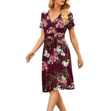 Asklazy Women's Summer Casual Short Sleeve V-Neck Short Party Dress with Pockets,US Size,S,Flower Wine Red