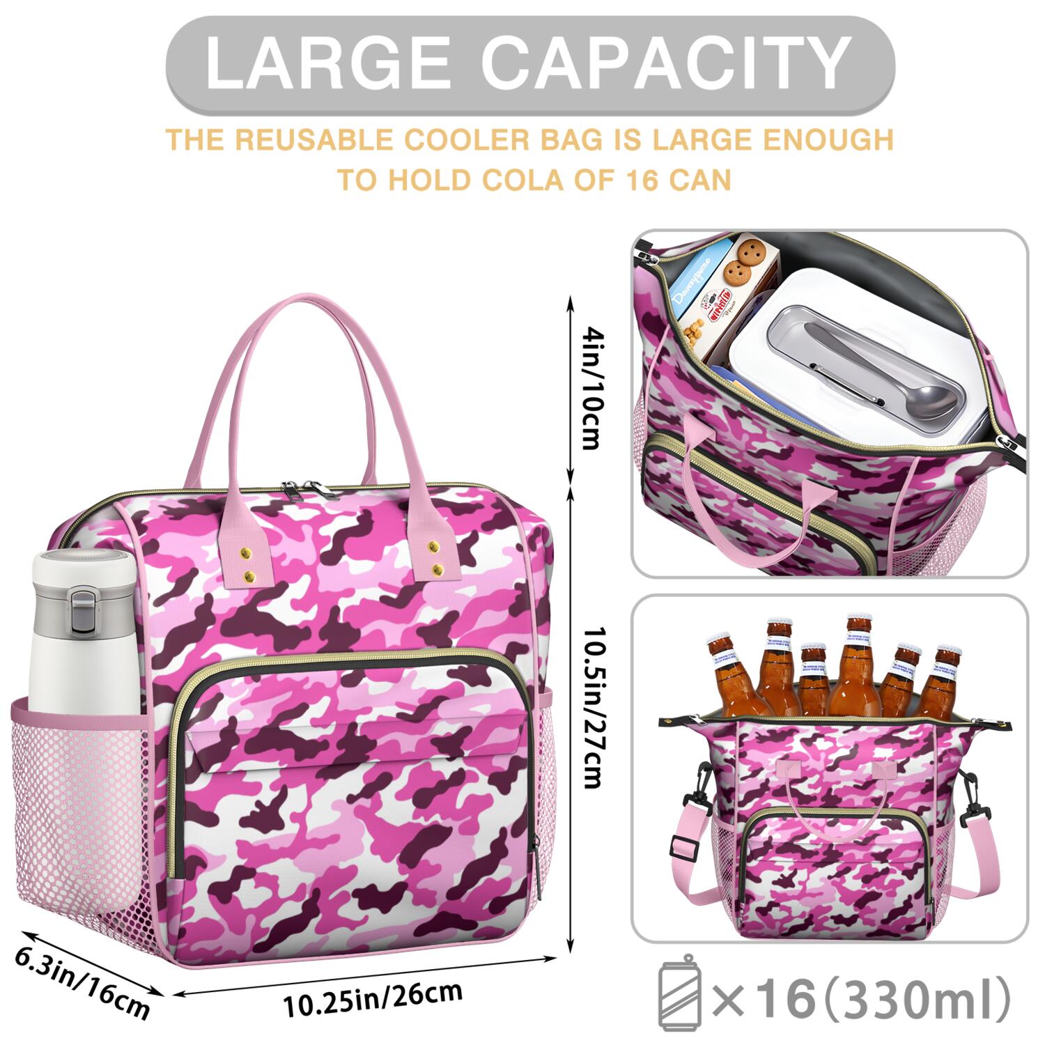 Large Insulated Camo Tote Bag - Leakproof Cooler Bag for Hunting & Military Tactical Use, Waterproof Thermal Lunch Tote with Multi-Pocket for Outdoor, Office, Travel (Woodland Camouflage)