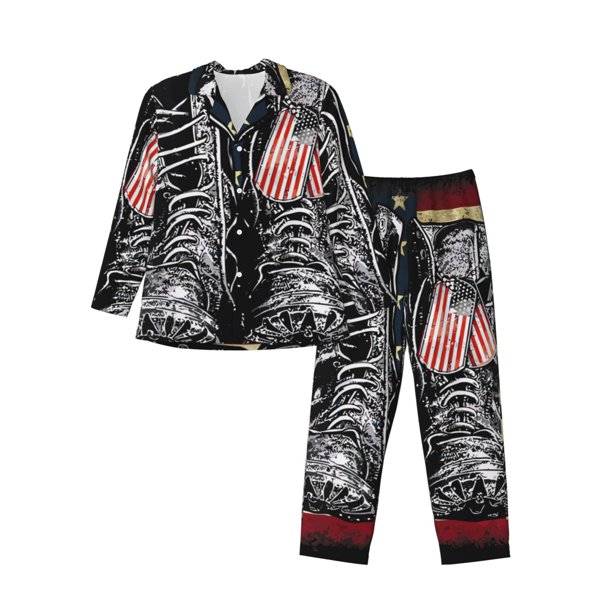 Fotbe Veterans Day1 Pijama de Hombre con Estampado de Manga Larga, Conjunto de 2 Piezas, Ropa de Dormir Suave y Cómoda con Bolsillos-Small