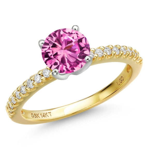 Gem Stone King 14K Two Tone Gold Pink Created Sapphire and Lab Grown Diamond Engagement Ring for Women | 1.82 Cttw | Round 7MM | Gemstone September Birthstone | Size 6