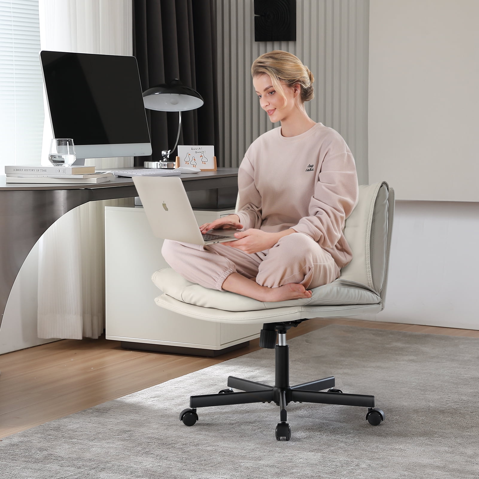 LEAGOO Criss Cross Chair with Wheels, Armless Cross Legged Office Chair, Comfy PU-Leather Desk Chair, Modern Swivel Height Adjustable Computer Task Chair, Wide Seat Cute Chair for Home Office(Beige)