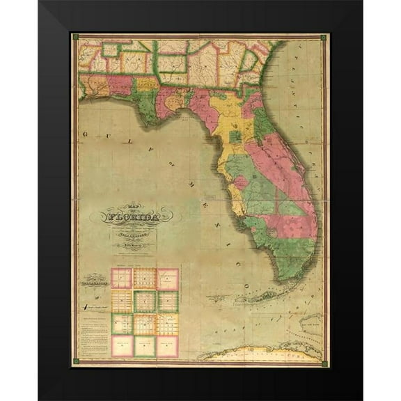 Vintage Maps 12x14 Black Modern Framed Museum Art Print Titled - Florida