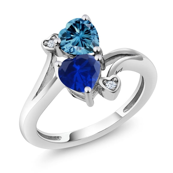 Gem Stone King 10K White Gold Fashion Right-Hand Ring Heart Shape Persian Blue Moissanite and Created Sapphire Blue (1.63 Cttw, Size 7)