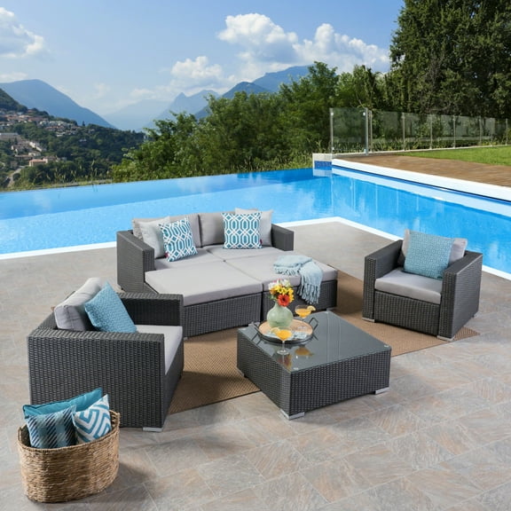 Faviola Outdoor 4 Seater Wicker Chat Set with Aluminum Frame and Cushions, Grey, Silver